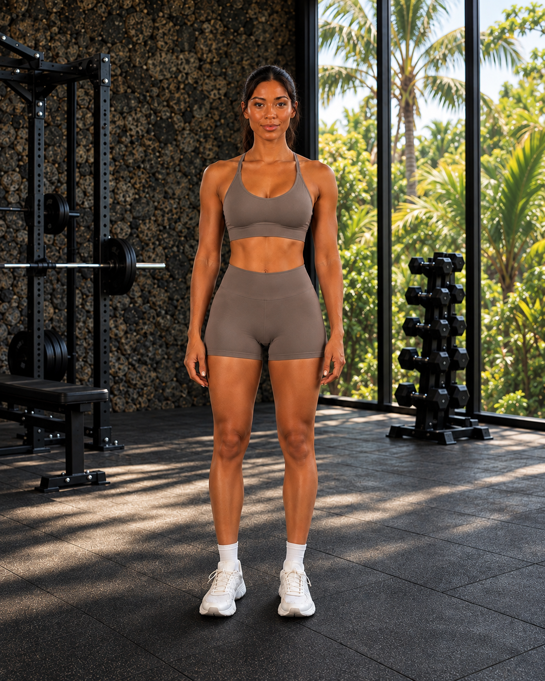 FITLINE Atlas 07 — Tenue fitness femme — Taupe — visuel recadré 4:5 La Réunion